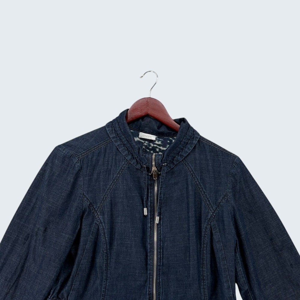 Chico's Women's Jacket Est Size M Blue Denim Zip Front Reversible Utility Casual - Picture 2 of 9